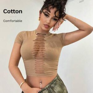 SHEIN BAE Solid Color Distressed Hollow Out Tight Khaki Top, Spring/Summer Clothing, Music Festival/Carnival/Daily/Streetwear Outfits