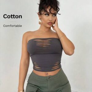 SHEIN BAE Solid Color Distressed Hollow Out Grungy Style Fitted Cropped Top, Versatile Daily, Streetwear, Concert, Party, Music Festival Attire, Sexy Women Tops