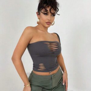 SHEIN BAE Solid Color Distressed Hollow Out Grungy Style Fitted Cropped Top, Versatile Daily, Streetwear, Concert, Party, Music Festival Attire, Sexy Women Tops