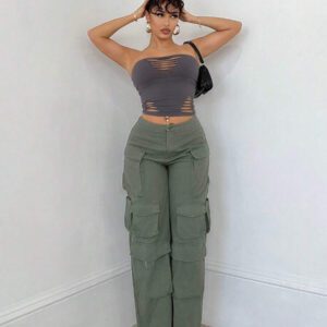 SHEIN BAE Solid Color Distressed Hollow Out Grungy Style Fitted Cropped Top, Versatile Daily, Streetwear, Concert, Party, Music Festival Attire, Sexy Women Tops