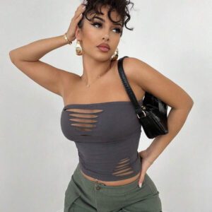 SHEIN BAE Solid Color Distressed Hollow Out Grungy Style Fitted Cropped Top, Versatile Daily, Streetwear, Concert, Party, Music Festival Attire, Sexy Women Tops