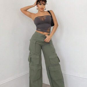 SHEIN BAE Solid Color Distressed Hollow Out Grungy Style Fitted Cropped Top, Versatile Daily, Streetwear, Concert, Party, Music Festival Attire, Sexy Women Tops