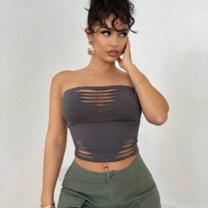 SHEIN BAE Solid Color Distressed Hollow Out Grungy Style Fitted Cropped Top, Versatile Daily, Streetwear, Concert, Party, Music Festival Attire, Sexy Women Tops