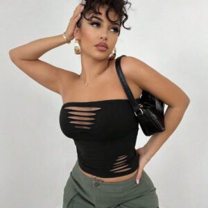 SHEIN BAE Solid Color Distressed Hollow Out Grungy Style Fitted Cropped Top, Versatile Daily, Streetwear, Concert, Party, Music Festival Attire, Sexy Women Tops