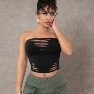 SHEIN BAE Solid Color Distressed Hollow Out Grungy Style Fitted Cropped Top, Versatile Daily, Streetwear, Concert, Party, Music Festival Attire, Sexy Women Tops