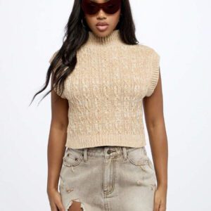 MISSGUIDED Turtleneck Cable Knit Sweater Vest Crop Top Holiday Winter Autumn Fashion Knitwear Sleeveless Preppy Style Varsity Classic