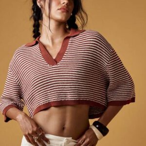 MISSGUIDED Retro Collegiate Style Striped Crop Knit Top Fall Aesthetic Wide Sleeve Collared Pullover Autumn Preppy Fashion Short Sweater