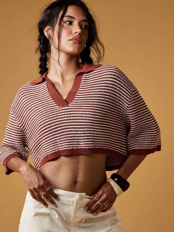 MISSGUIDED Retro Collegiate Style Striped Crop Knit Top Fall Aesthetic Wide Sleeve Collared Pullover Autumn Preppy Fashion Short Sweater – Image 2