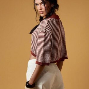 MISSGUIDED Retro Collegiate Style Striped Crop Knit Top Fall Aesthetic Wide Sleeve Collared Pullover Autumn Preppy Fashion Short Sweater