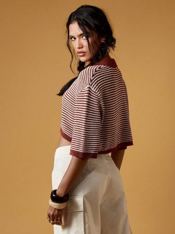 MISSGUIDED Retro Collegiate Style Striped Crop Knit Top Fall Aesthetic Wide Sleeve Collared Pullover Autumn Preppy Fashion Short Sweater – Image 3