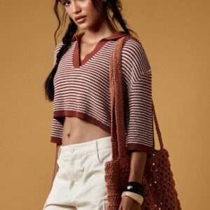 MISSGUIDED Retro Collegiate Style Striped Crop Knit Top Fall Aesthetic Wide Sleeve Collared Pullover Autumn Preppy Fashion Short Sweater