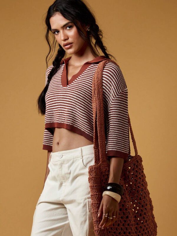 MISSGUIDED Retro Collegiate Style Striped Crop Knit Top Fall Aesthetic Wide Sleeve Collared Pullover Autumn Preppy Fashion Short Sweater – Image 5