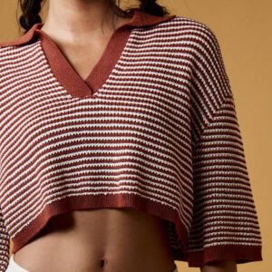 MISSGUIDED Retro Collegiate Style Striped Crop Knit Top Fall Aesthetic Wide Sleeve Collared Pullover Autumn Preppy Fashion Short Sweater