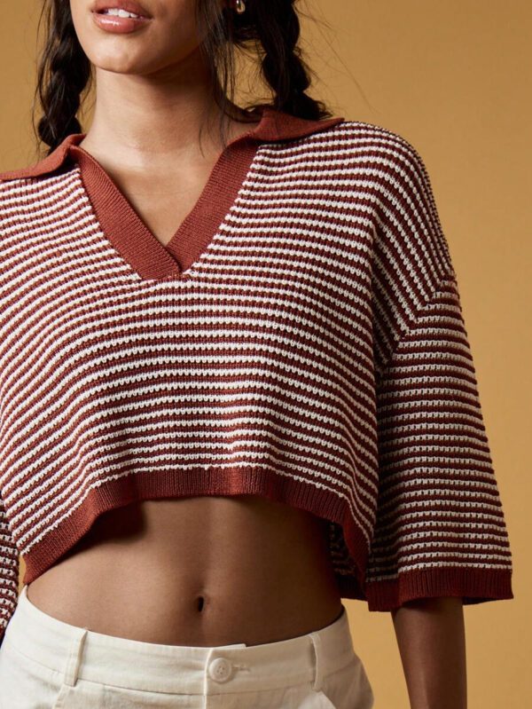 MISSGUIDED Retro Collegiate Style Striped Crop Knit Top Fall Aesthetic Wide Sleeve Collared Pullover Autumn Preppy Fashion Short Sweater – Image 6