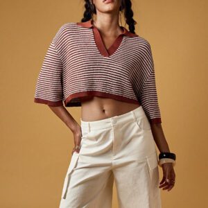 MISSGUIDED Retro Collegiate Style Striped Crop Knit Top Fall Aesthetic Wide Sleeve Collared Pullover Autumn Preppy Fashion Short Sweater