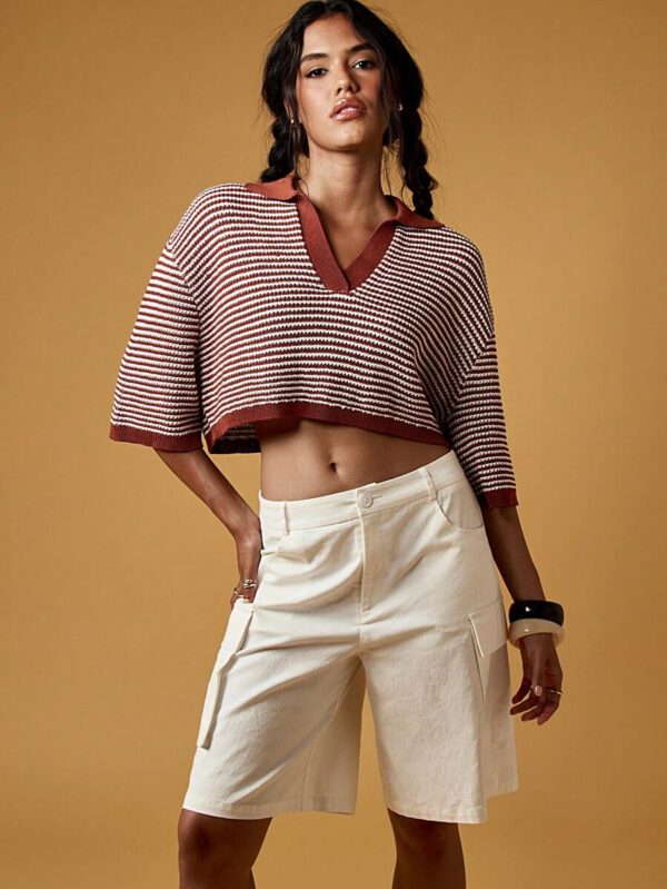 MISSGUIDED Retro Collegiate Style Striped Crop Knit Top Fall Aesthetic Wide Sleeve Collared Pullover Autumn Preppy Fashion Short Sweater – Image 7