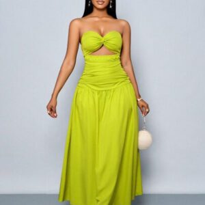 SOLERSUN Women's Spring/Summer Solid Color Beach Vacation Twist Front Ruched Tube Long Dress