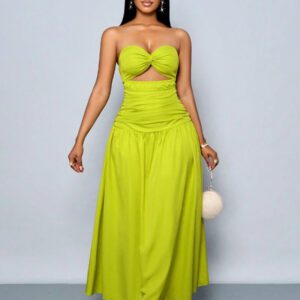 SOLERSUN Women's Spring/Summer Solid Color Beach Vacation Twist Front Ruched Tube Long Dress