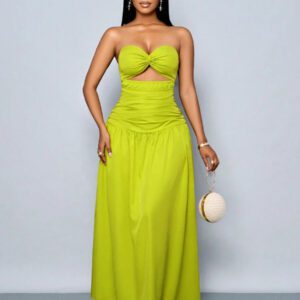 SOLERSUN Women's Spring/Summer Solid Color Beach Vacation Twist Front Ruched Tube Long Dress
