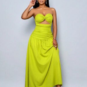 SOLERSUN Women's Spring/Summer Solid Color Beach Vacation Twist Front Ruched Tube Long Dress