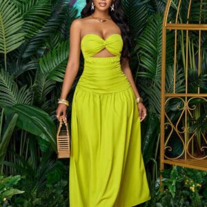 SOLERSUN Women's Spring/Summer Solid Color Beach Vacation Twist Front Ruched Tube Long Dress