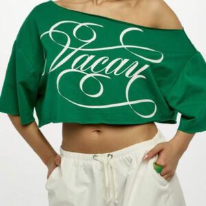 SUMWON WOMEN Graphic Casual Off Shoulder Wide Neck Loose Fit Crop Top Casual Street Style Statement Text Print Long Sleeve Blouse