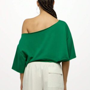 SUMWON WOMEN Graphic Casual Off Shoulder Wide Neck Loose Fit Crop Top Casual Street Style Statement Text Print Long Sleeve Blouse