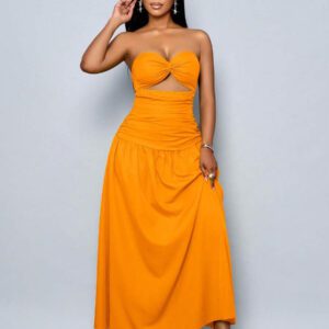 SOLERSUN Women's Spring/Summer Solid Color Beach Vacation Twist Front Ruched Tube Long Dress