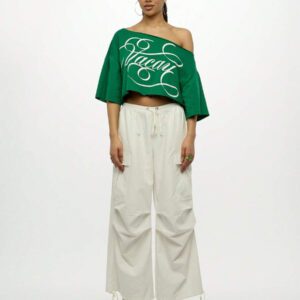 SUMWON WOMEN Graphic Casual Off Shoulder Wide Neck Loose Fit Crop Top Casual Street Style Statement Text Print Long Sleeve Blouse