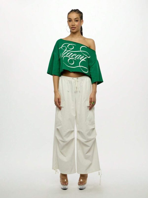 SUMWON WOMEN Graphic Casual Off Shoulder Wide Neck Loose Fit Crop Top Casual Street Style Statement Text Print Long Sleeve Blouse – Image 4