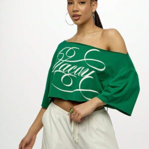 SUMWON WOMEN Graphic Casual Off Shoulder Wide Neck Loose Fit Crop Top Casual Street Style Statement Text Print Long Sleeve Blouse