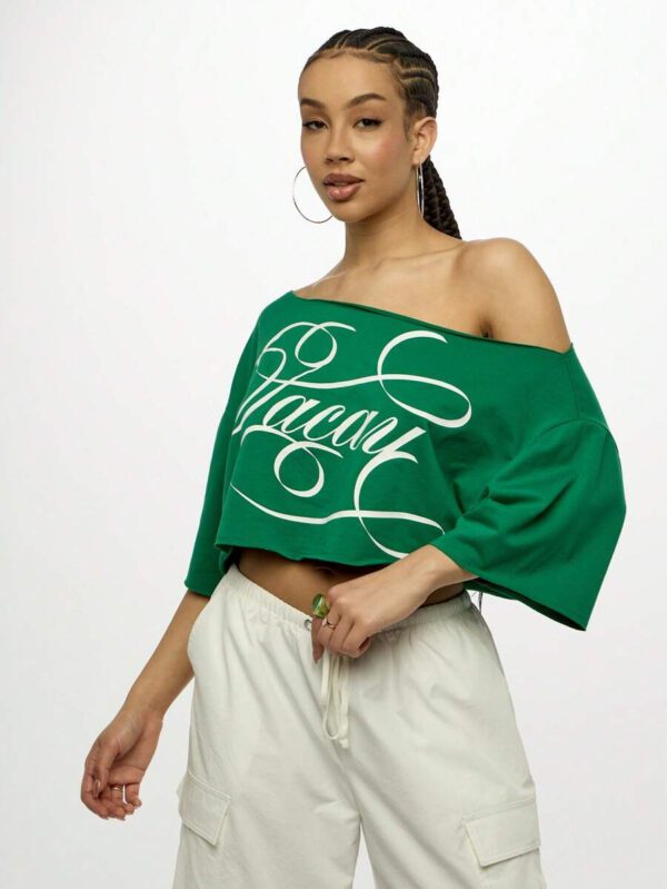 SUMWON WOMEN Graphic Casual Off Shoulder Wide Neck Loose Fit Crop Top Casual Street Style Statement Text Print Long Sleeve Blouse – Image 5