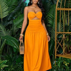 SOLERSUN Women's Spring/Summer Solid Color Beach Vacation Twist Front Ruched Tube Long Dress