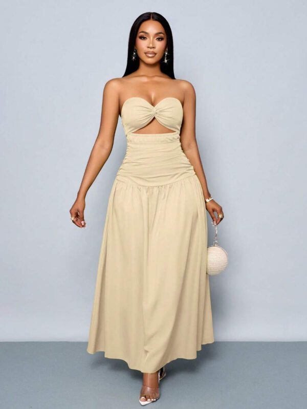 SOLERSUN Women's Spring/Summer Solid Color Beach Vacation Twist Front Ruched Tube Long Dress – Image 18