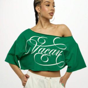 SUMWON WOMEN Graphic Casual Off Shoulder Wide Neck Loose Fit Crop Top Casual Street Style Statement Text Print Long Sleeve Blouse