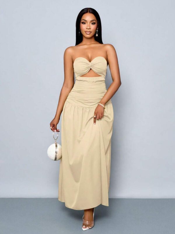 SOLERSUN Women's Spring/Summer Solid Color Beach Vacation Twist Front Ruched Tube Long Dress – Image 22
