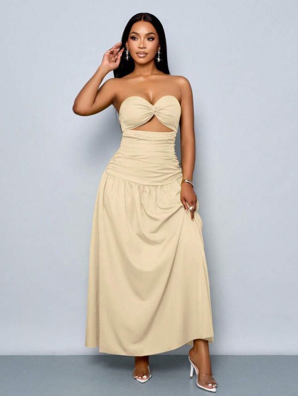 SOLERSUN Women's Spring/Summer Solid Color Beach Vacation Twist Front Ruched Tube Long Dress – Image 24
