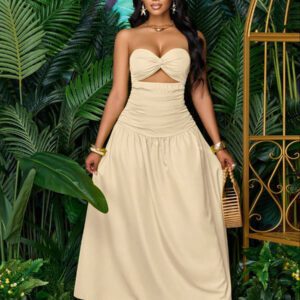 SOLERSUN Women's Spring/Summer Solid Color Beach Vacation Twist Front Ruched Tube Long Dress