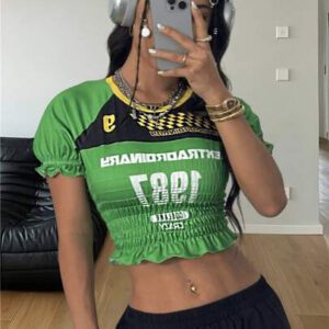 Coolane Women's Summer Y2K Going Out Sportswear Game Day Brazil Carnaval Graphics Color-Blocked Ruffle Cropped T-Shirt,St Patrick Day
