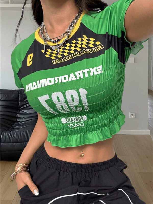 Coolane Women's Summer Y2K Going Out Sportswear Game Day Brazil Carnaval Graphics Color-Blocked Ruffle Cropped T-Shirt,St Patrick Day – Image 3