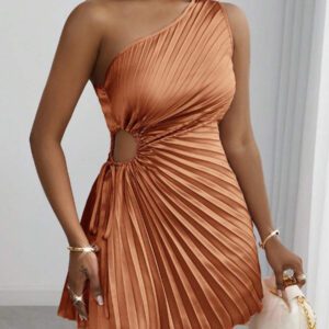 Slaydiva New Arrival Summer Vacation Beach Elegant Sleeveless Cutout Drawstring Waist Pleated A-Line Mini Dress