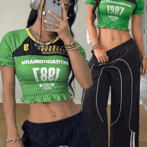 Coolane Women's Summer Y2K Going Out Sportswear Game Day Brazil Carnaval Graphics Color-Blocked Ruffle Cropped T-Shirt,St Patrick Day