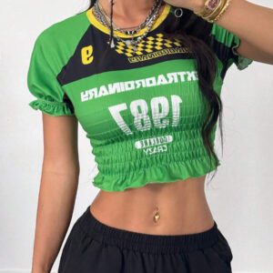 Coolane Women's Summer Y2K Going Out Sportswear Game Day Brazil Carnaval Graphics Color-Blocked Ruffle Cropped T-Shirt,St Patrick Day