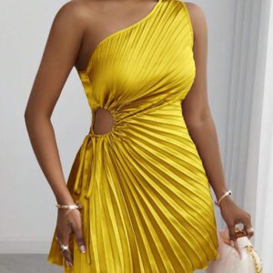 Slaydiva New Arrival Summer Vacation Beach Elegant Sleeveless Cutout Drawstring Waist Pleated A-Line Mini Dress
