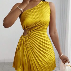 Slaydiva New Arrival Summer Vacation Beach Elegant Sleeveless Cutout Drawstring Waist Pleated A-Line Mini Dress