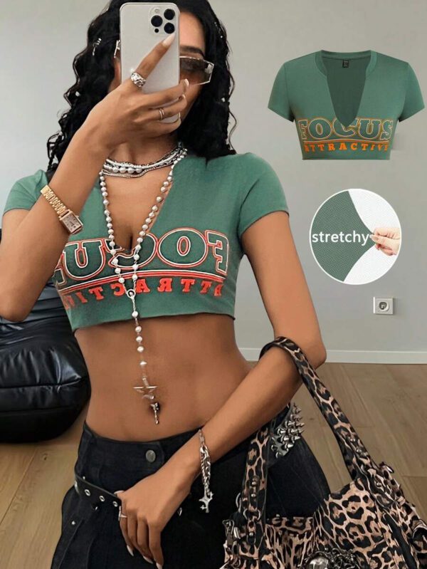 Coolane Women's Summer Vintage Y2K Concert Vacation Outfits Streetwear Hip-Hop Party Graphics V-Neck Cropped T-Shirt – Image 2