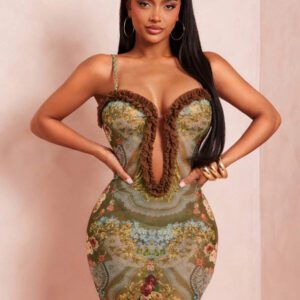 SHEIN SXY Women's Summer Sexy Baroque Floral Print Transparent Mesh Bodycon Mini Dress, Spaghetti Strap Hollow Out Party Dress, Holiday Dress, Date Dress Night Club Dress Birthday Dress Floral Print Dress