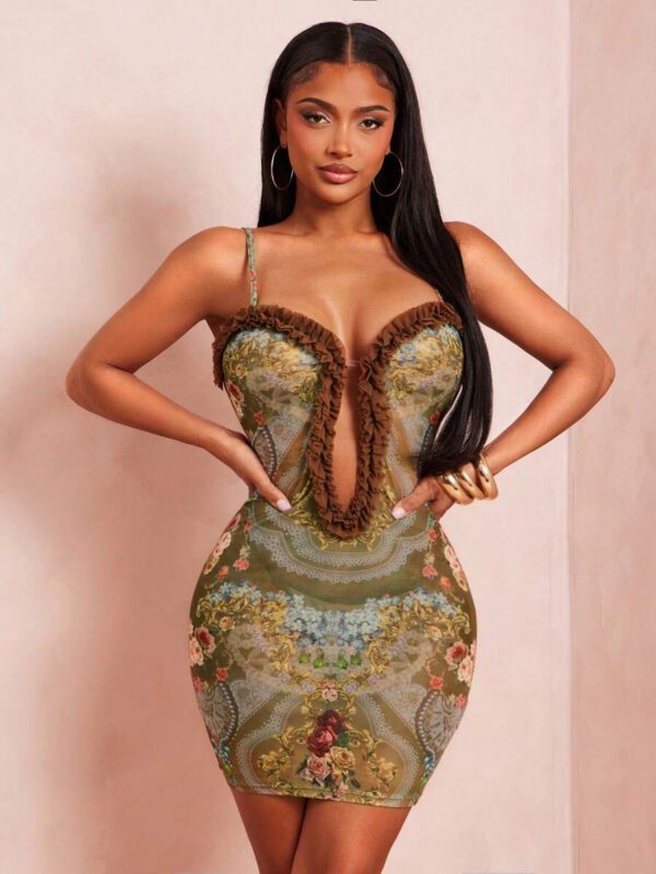 SHEIN SXY Women's Summer Sexy Baroque Floral Print Transparent Mesh Bodycon Mini Dress, Spaghetti Strap Hollow Out Party Dress, Holiday Dress, Date Dress Night Club Dress Birthday Dress Floral Print Dress – Image 7
