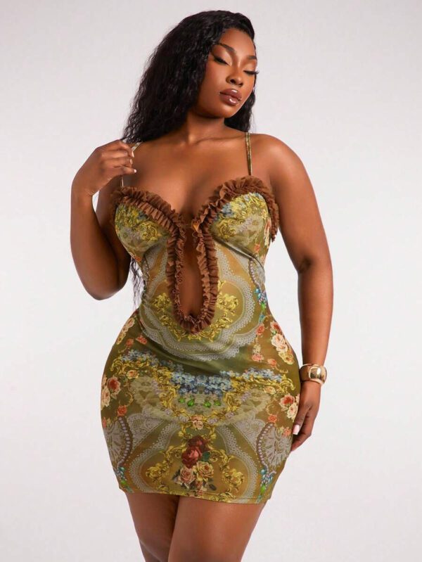 SHEIN SXY Women's Summer Sexy Baroque Floral Print Transparent Mesh Bodycon Mini Dress, Spaghetti Strap Hollow Out Party Dress, Holiday Dress, Date Dress Night Club Dress Birthday Dress Floral Print Dress – Image 9