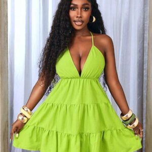 BamGleam Women's Sexy Deep V-Neck Ruffle Trim Neon Green Dress